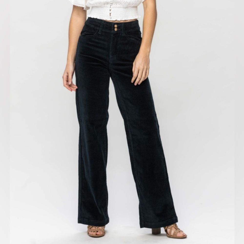 Judy Blue Emerald Green Wide Leg High Raise Corduroy Trousers Pants Sz 26 Chic